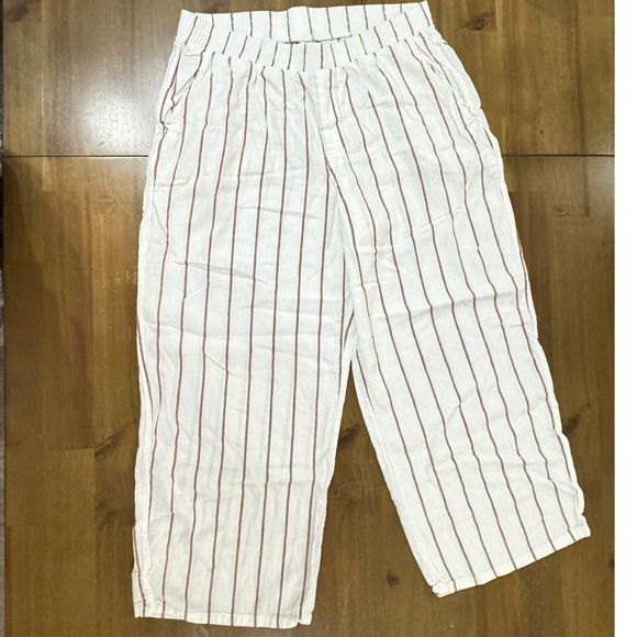 White Casual Dress Pants Vertical Stripe Elastic Waist Lightweight Linen Look - Picture 3 of 7